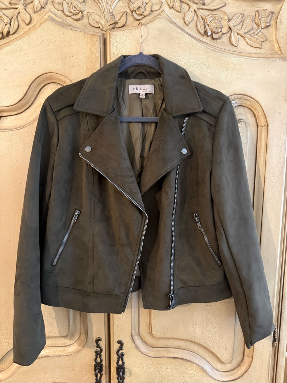 Philosophy Olive Green Suede Moto Jacket